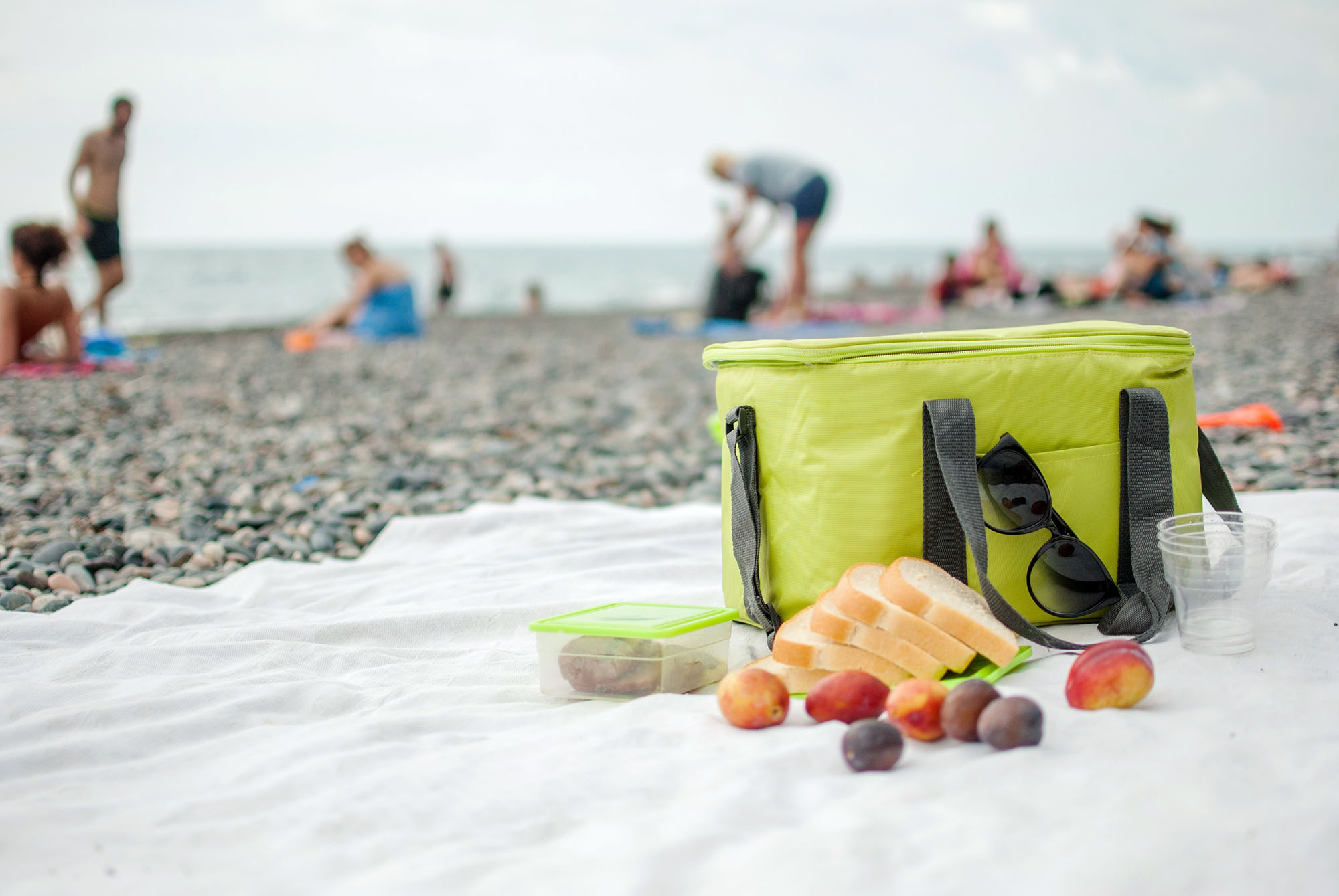 A picnic bag and food on the coverlet