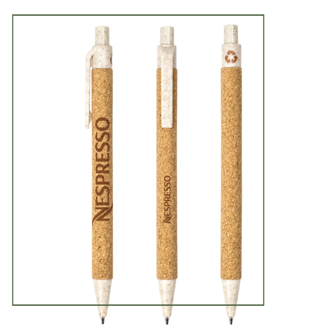 he barrel of this eco-friendly Cork ballpoint pen is made from 80% natural cork and 20% paper while the remaining base pen materials are made with 30% recycled wheat husk. The cork barrel provides a pleasing soft grip with a SureWriteTM low lead refill, allowing for a comfortable and smooth writing experience