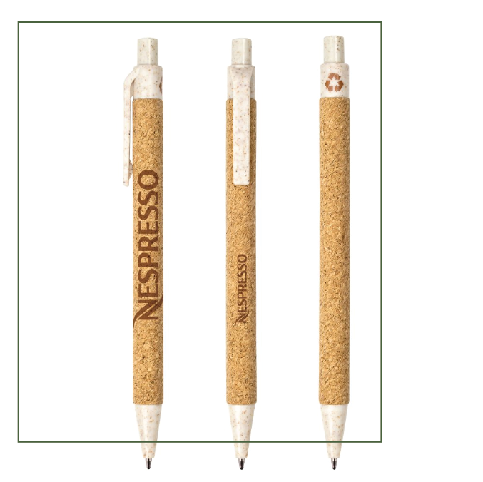 Cork pen he barrel of this eco-friendly Cork ballpoint pen is made from 80% natural cork and 20% paper while the remaining base pen materials are made with 30% recycled wheat husk. The cork barrel provides a pleasing soft grip with a SureWriteTM low lead refill, allowing for a comfortable and smooth writing experience